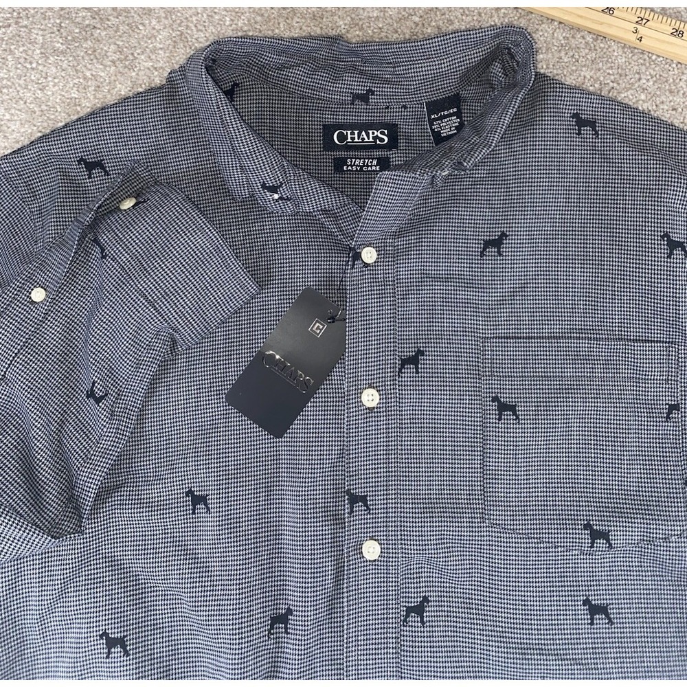 Chaps Stretch Easy Care Button Down Dog All Over print Gray Plaid Mens XL Preppy